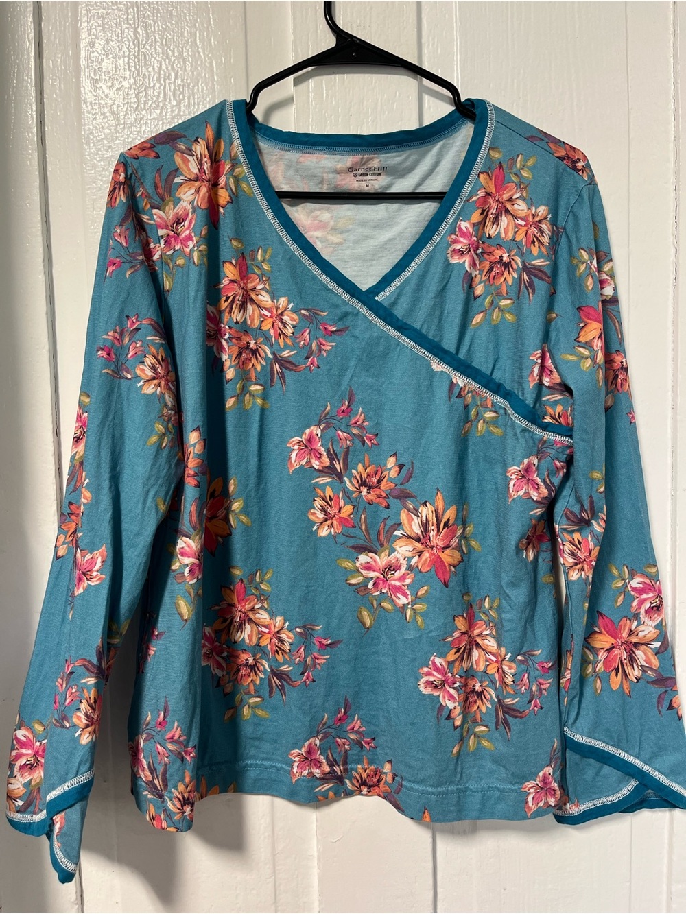 Garnet Hill Green Cotton Asian Wrap Organic Cotton Long Sleeve Pajama top M
